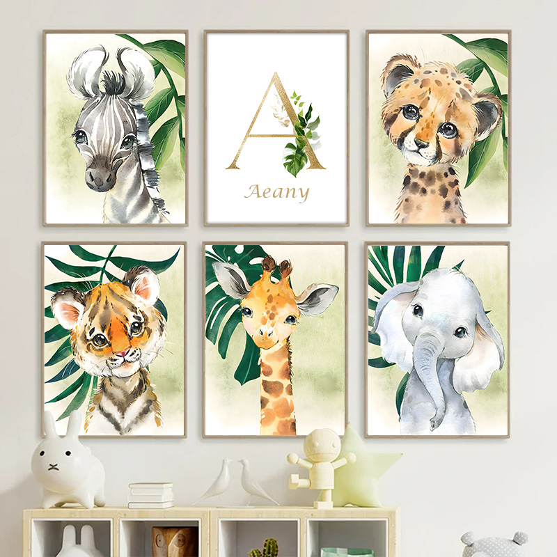 Baby Nursery Jungle - Gold Kids Name Poster Jungle Animals