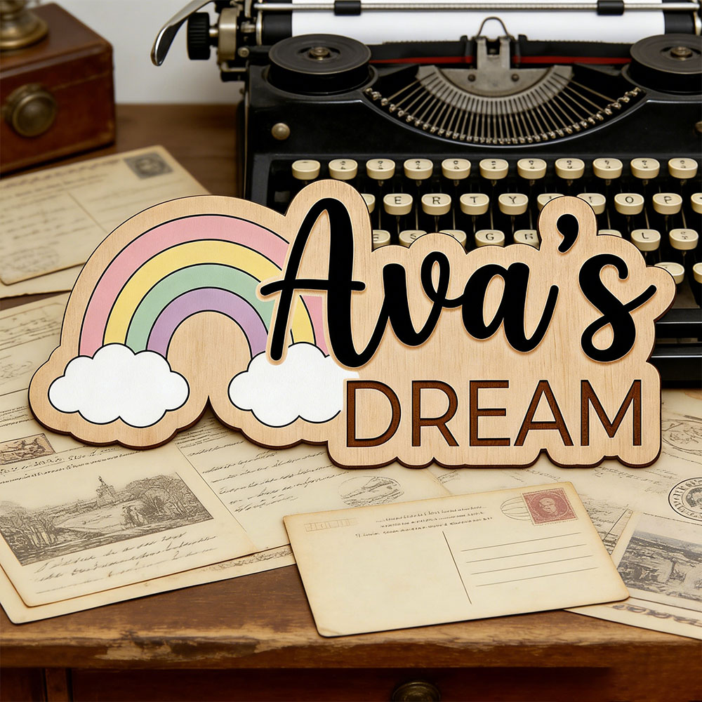 Baby Nursery Themes Girl - Custom Name Dreamy Rainbow Wooden Sign