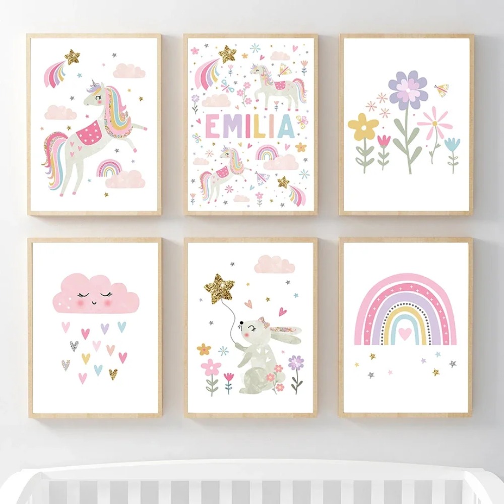 Baby Nursery Design - Pink Unicorn Rabbit Rainbow Cloud Flower