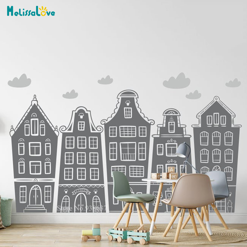 Baby Nursery Design - Scandinavian Houses & Clouds Decal Nursery