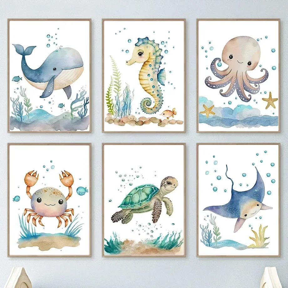 Baby Nursery Wall - Cute Whale Sea Horse Octopus Crab