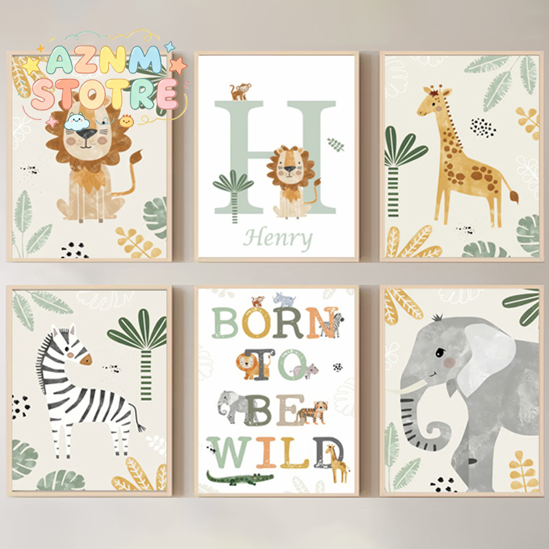 Baby Nursery Jungle - Baby Name Customized Poster Jungle Animals